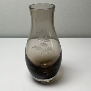 Caithness Smoky Art Glass Bud Vase Etched Floral Signed Made In Scotland Vintage